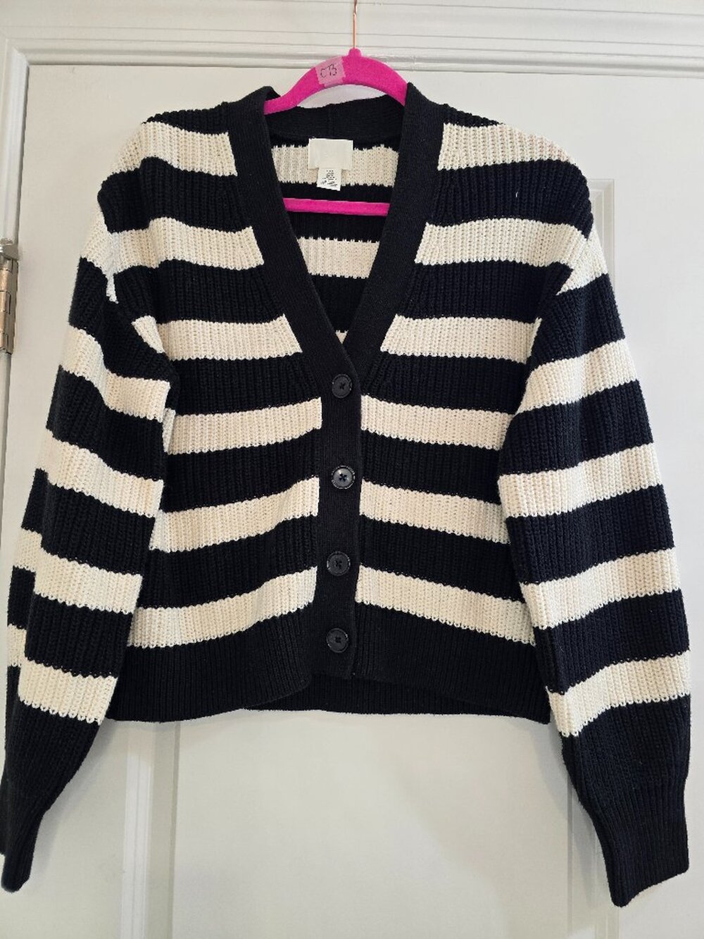 H&M Rib-Knit Cardigan - Black and White Striped - Picture 2 of 4